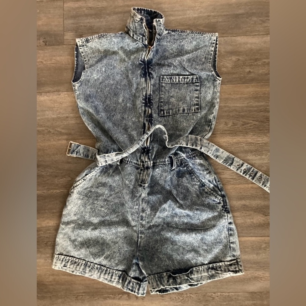 RICH GIRL Vintage Retro Denim Sleeveless Romper Belt Jumper Onesie One Piece